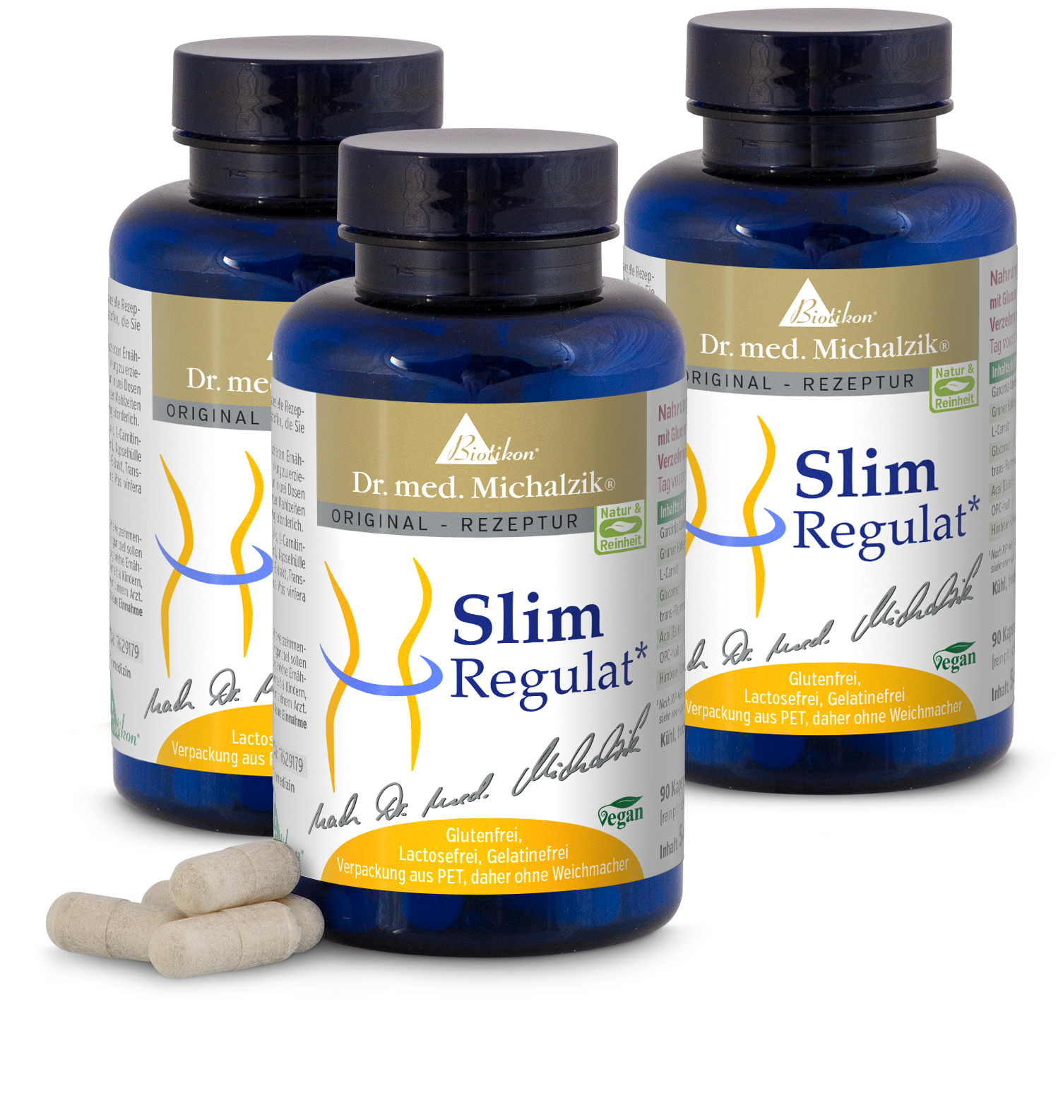 Slim Regulat – 90 Capsule, Vegan e Senza Glutine Tre bottiglie blu di capsule Slim Regulat, 90 per bottiglia, imballaggio in PET, capsule senza glutine, vegane, con capsule chiare in primo piano.