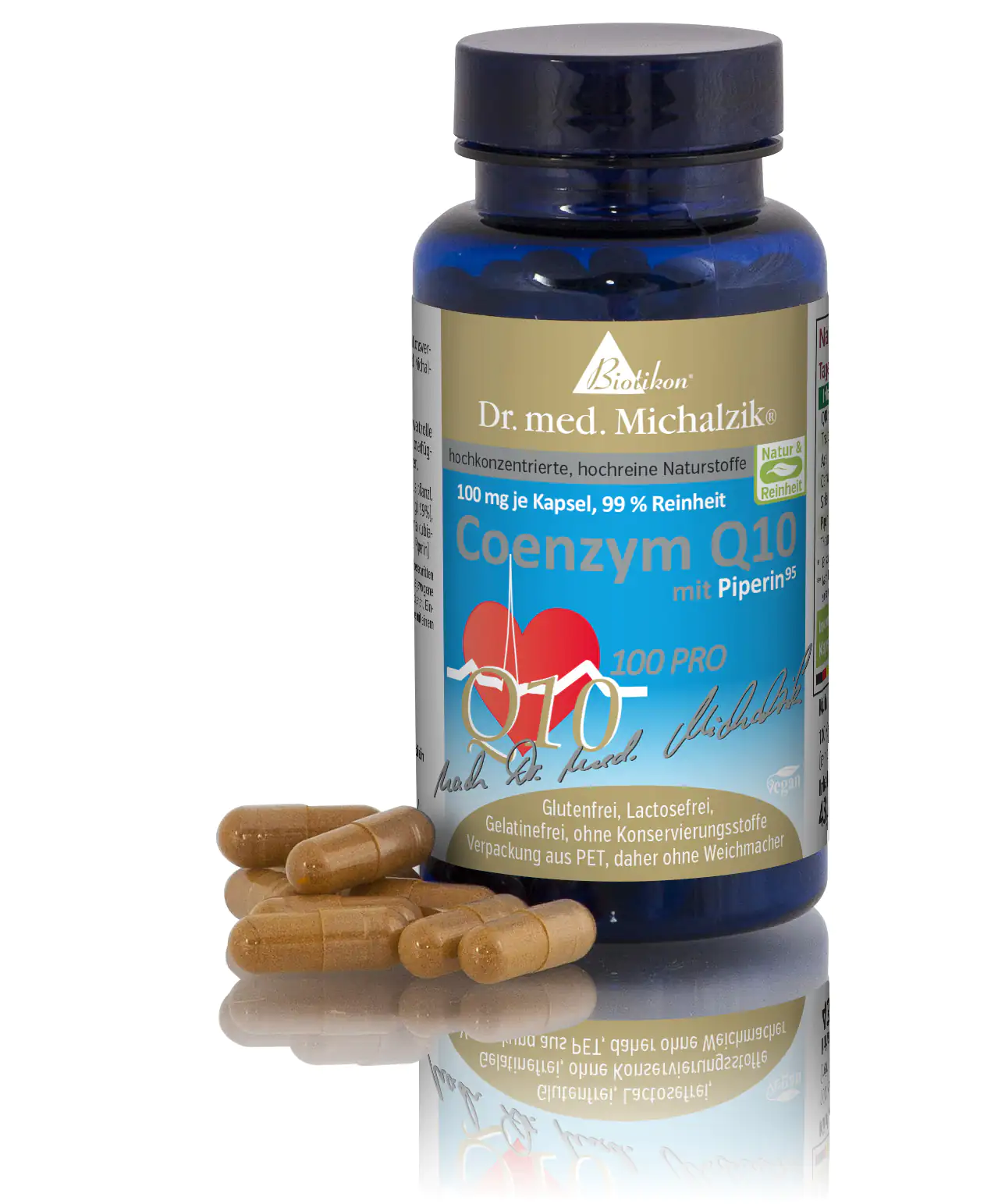 Coenzima Q10 100 mg - Capsule Bottiglia trasparente con capsule di coenzima Q10, 100 mg per capsula, color marrone dorato.