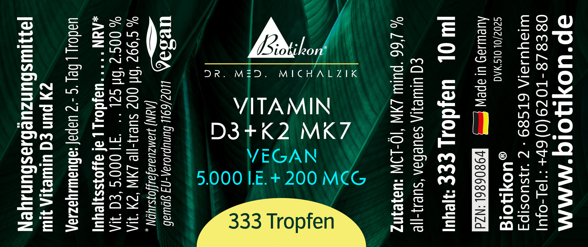 Bottiglia con 333 gocce di vitamina D3 e K2 MK7, 10 ml, confezione verde, vegano.