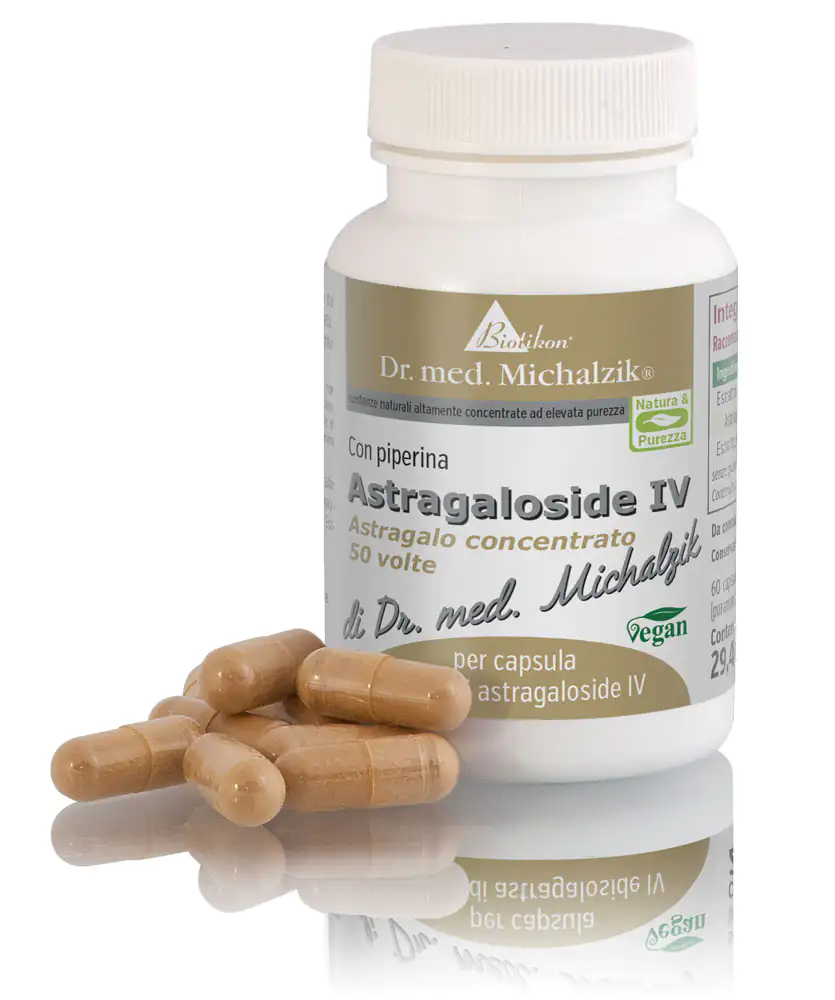 Astragaloside IV - 50 Capsule Capsule di Astragaloside IV in una bottiglia bianca, 50 pezzi, capsule beige visibili sul tavolo.