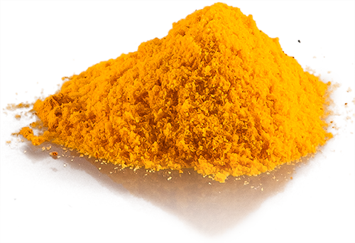 Polvere di curcuma – 100 g Polvere di curcuma gialla fine, 100 g, su una superficie liscia, vista laterale.
