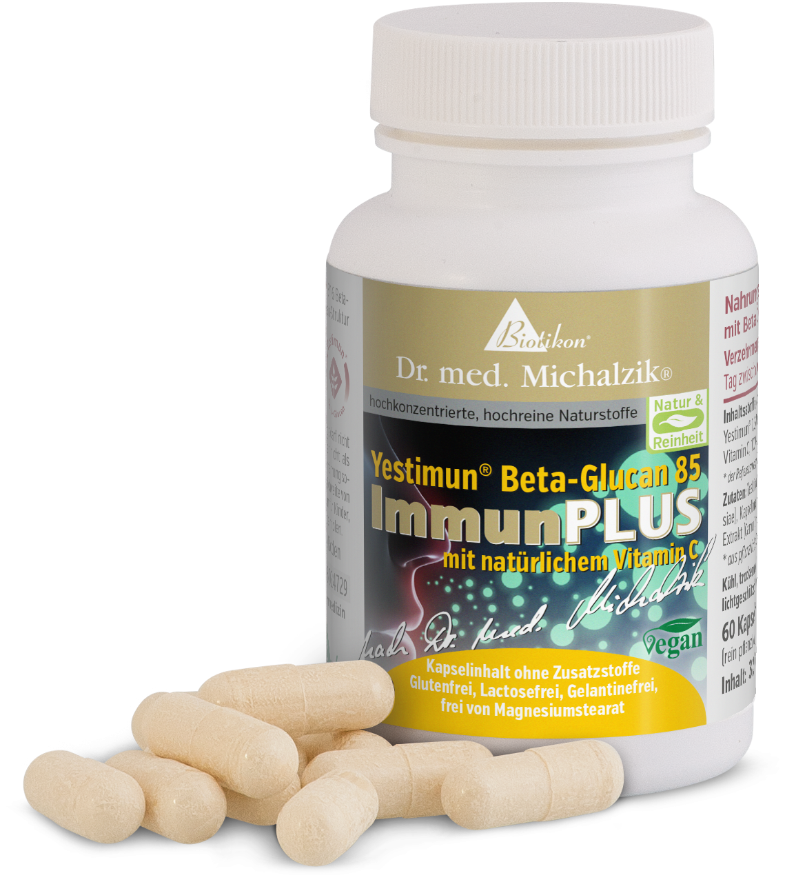 Yestimun Beta-Glucano 85 – Capsule Capsule di Yestimun Beta-Glucano 85 in una bottiglia bianca, 60 pezzi, leggermente beige, su uno sfondo chiaro.
