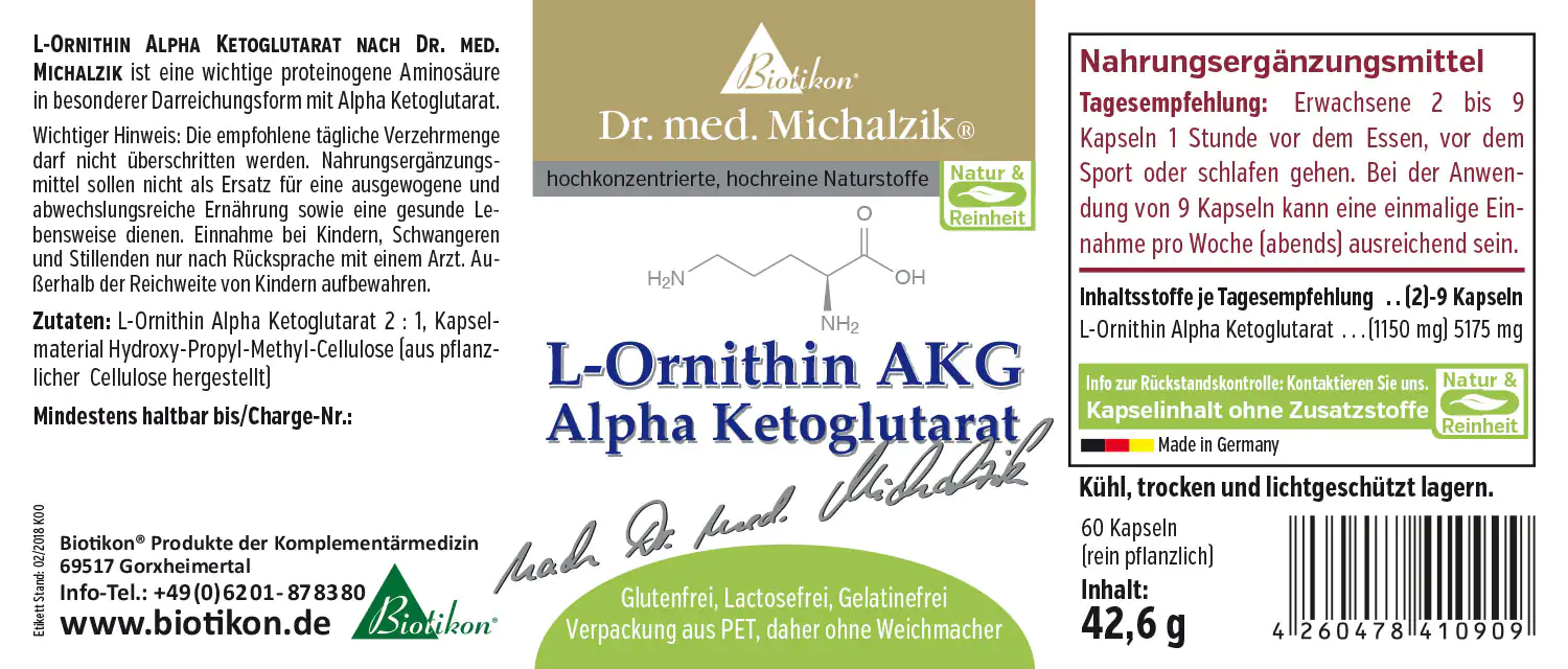 L-Ornitina AKG – 60 Capsule L-Ornitina Alfa-Cetoglutarato in confezione PET, 60 capsule vegetali, capsule bianche, vista laterale.