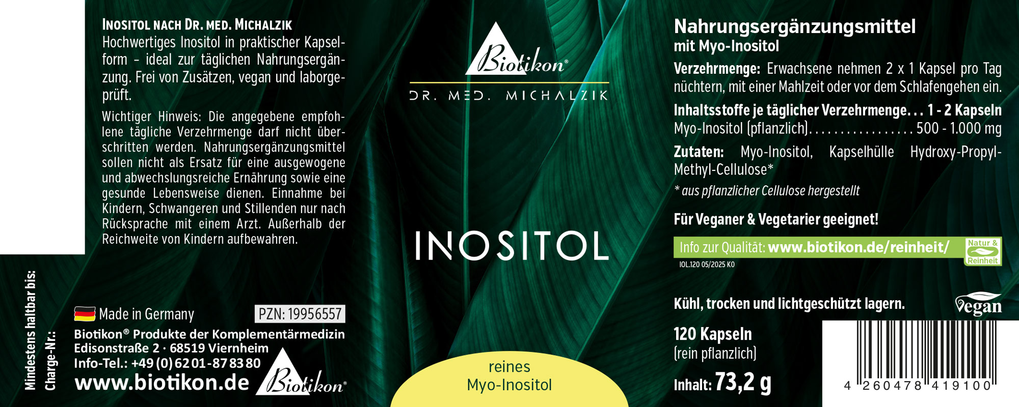 Inositolo 1000 mg - Capsule Integratore alimentare di inositolo in capsule, 120 pezzi, confezione verde, vegetale, vegano.