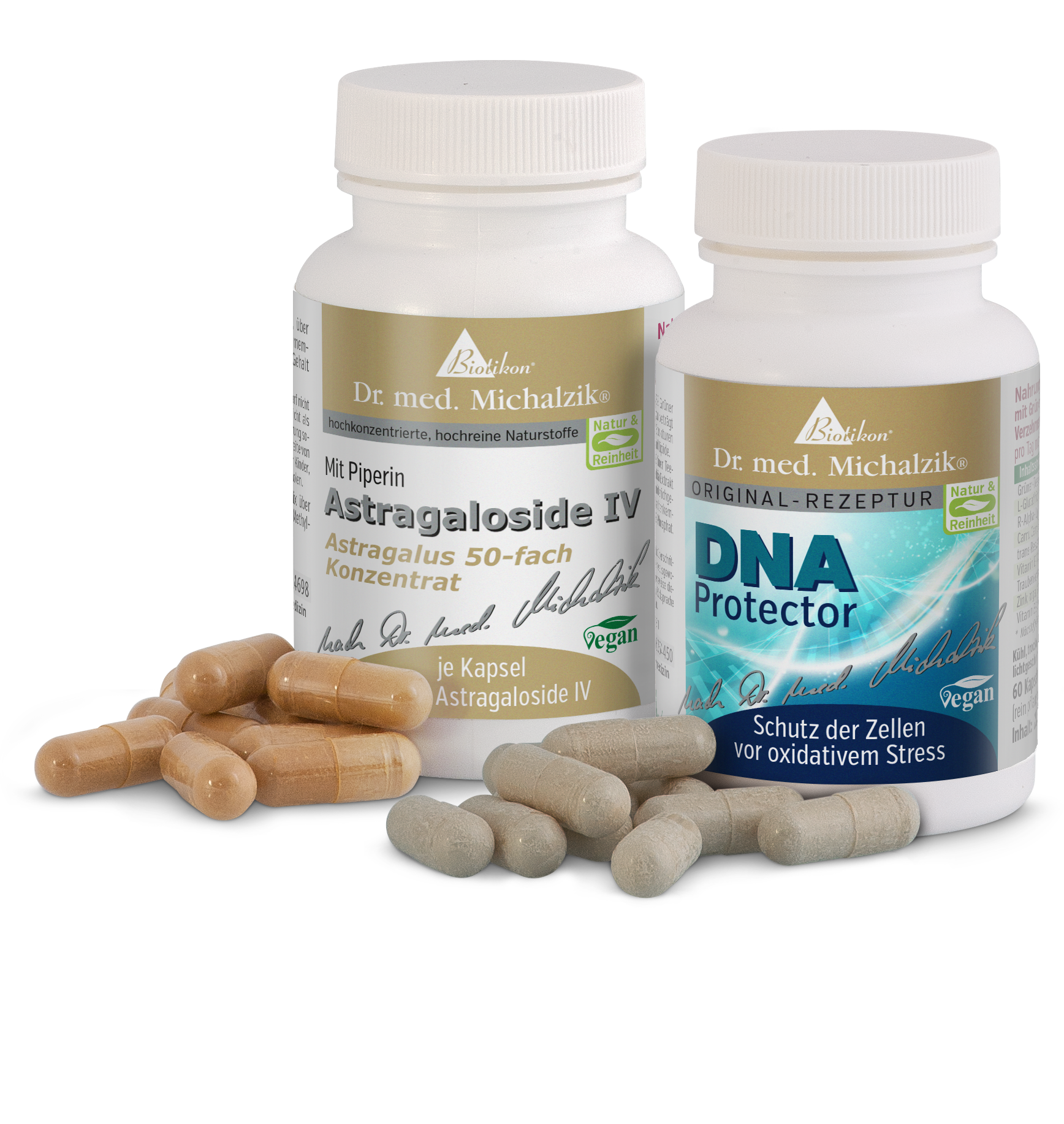 Astragaloside IV 50x – Capsule Due bottiglie di capsule di Astragaloside IV e di Protettore del DNA, capsule beige e grigie su un tavolo.