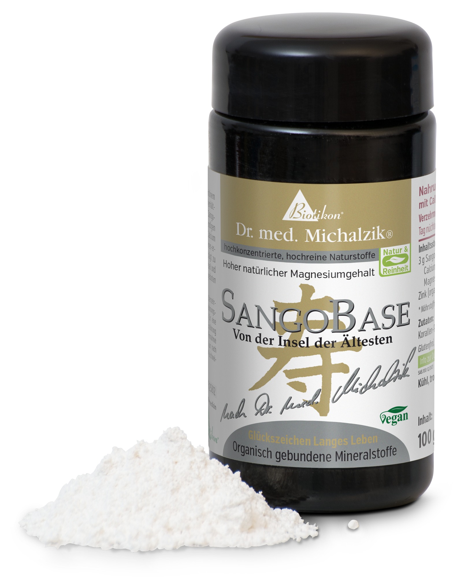 SangoBase 100g – Polvere minerale Polvere minerale SangoBase in un contenitore nero, 100g, accanto a una quantità di polvere bianca.