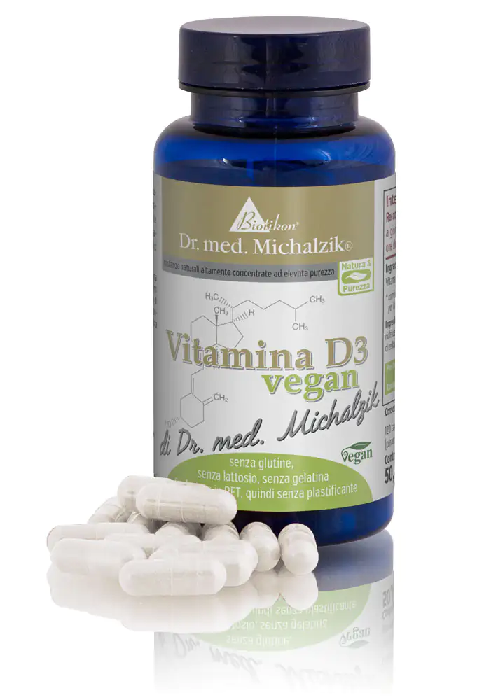 Vitamina D3 500 UI – Capsule Bottiglia di capsule vegane di vitamina D3, 50 pezzi, capsule trasparenti, confezione blu.
