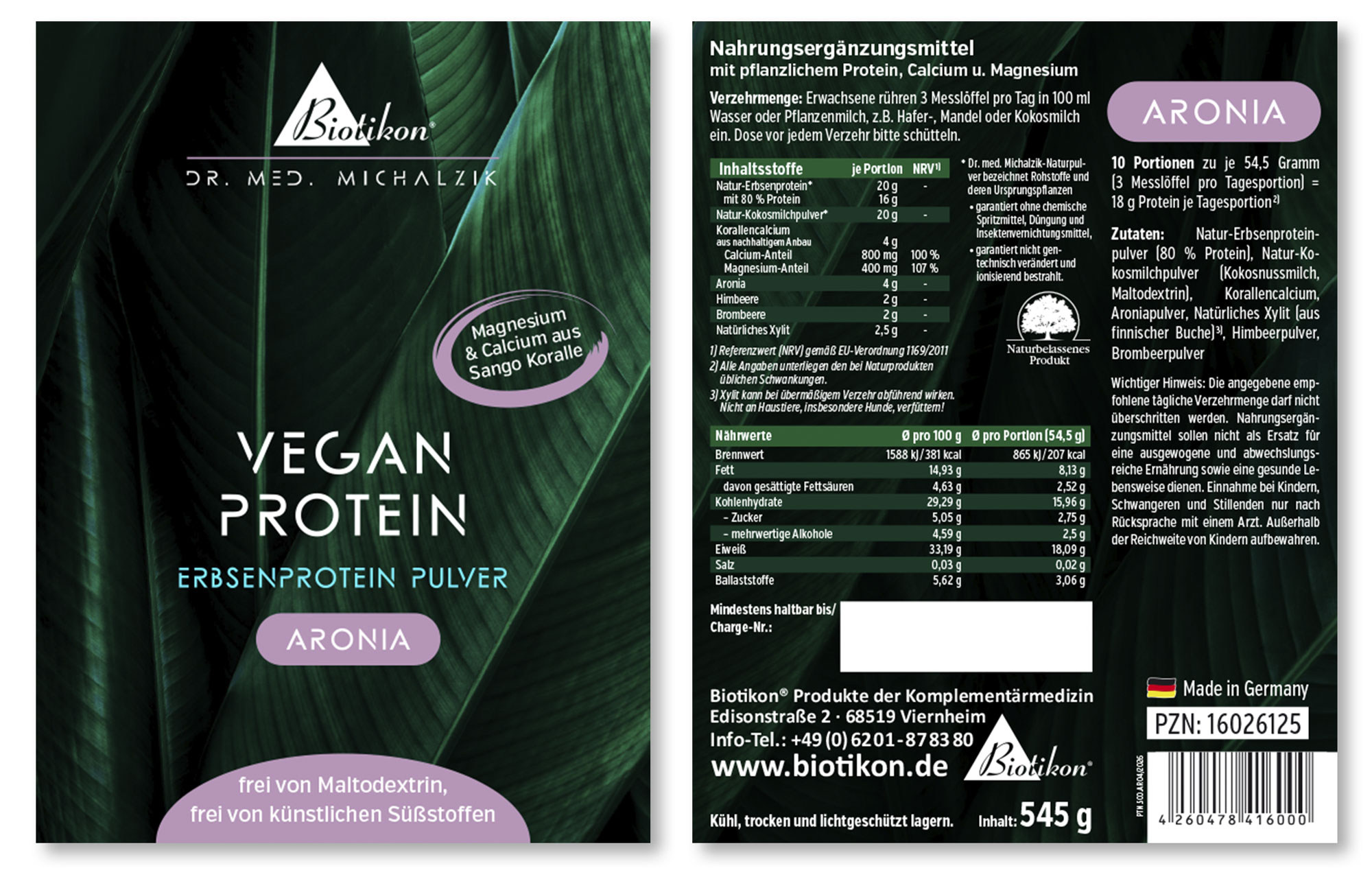 Polvere di proteine vegetali con aronia in un pacchetto da 545 g, design viola e bianco.