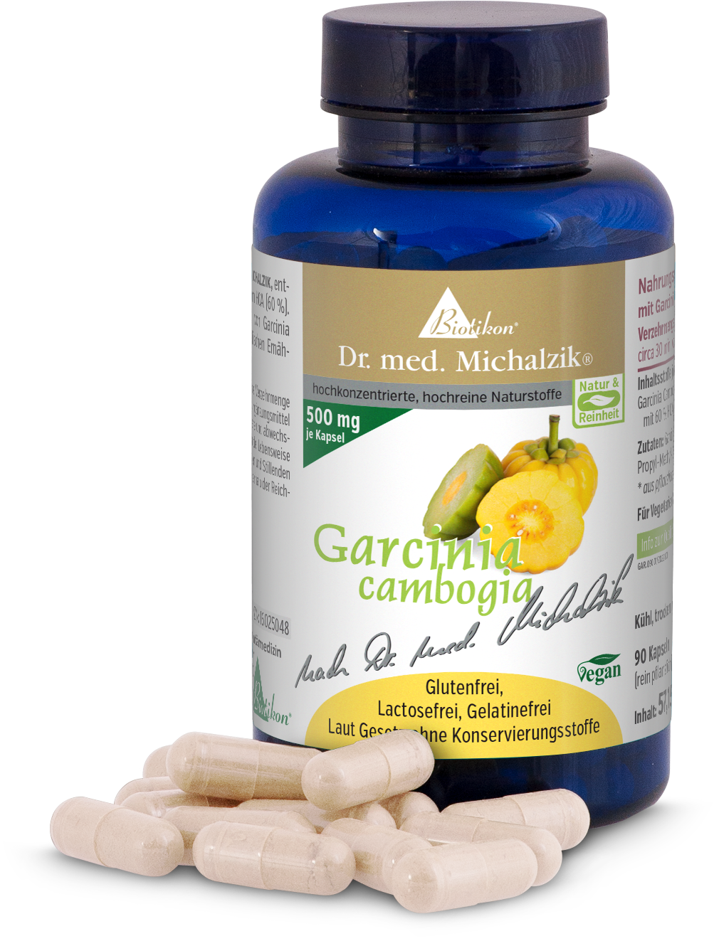 Garcinia Cambogia 500 mg - Capsule Bottiglia blu contenente 90 capsule, Garcinia Cambogia, capsule visibili e design di frutta.