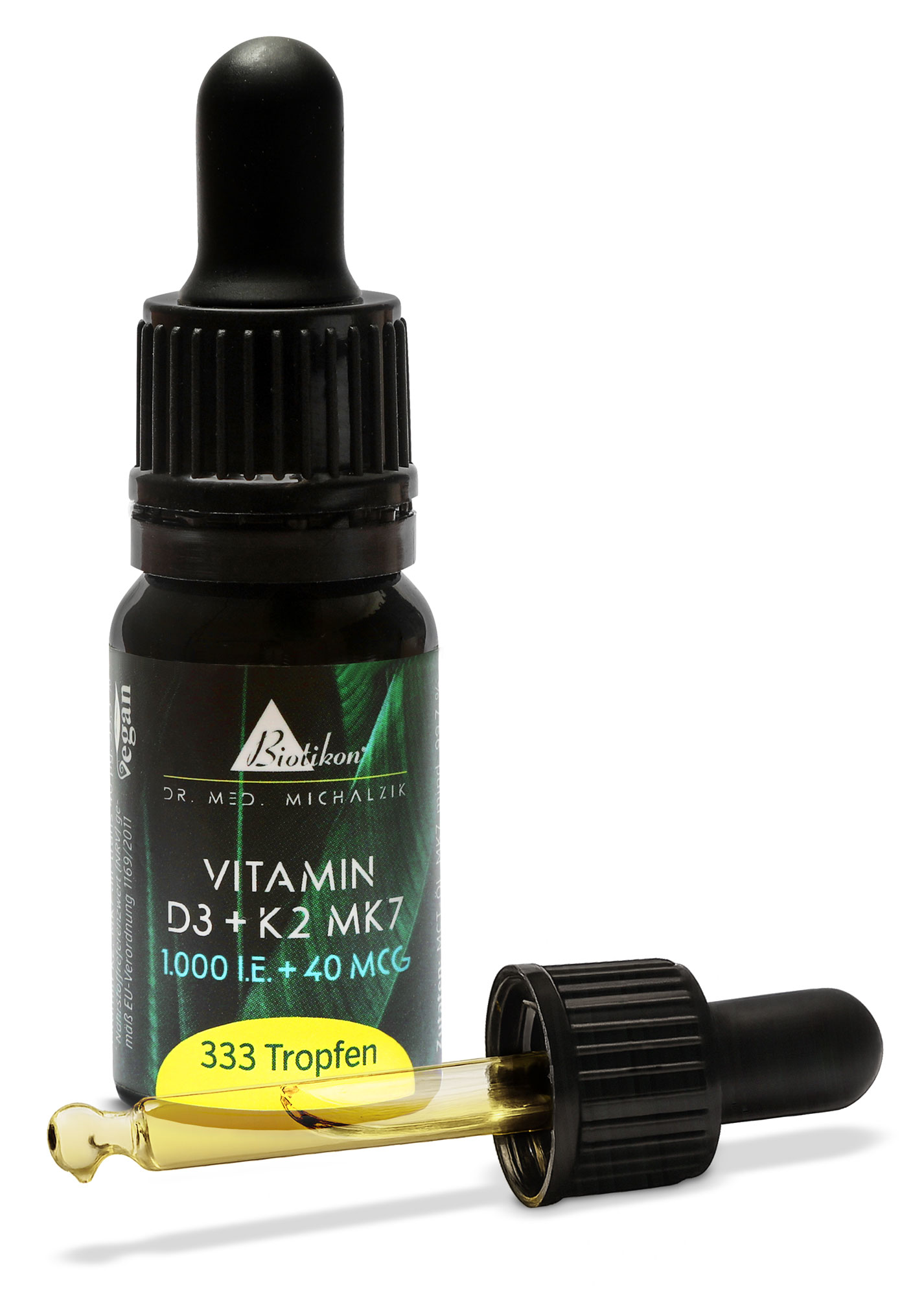 Vitamina D3 + K2 MK7 1000 I.E. – Gocce Bottiglia contagocce con 333 gocce di vitamina D3 e K2 MK7, confezione nera, liquido giallo.
