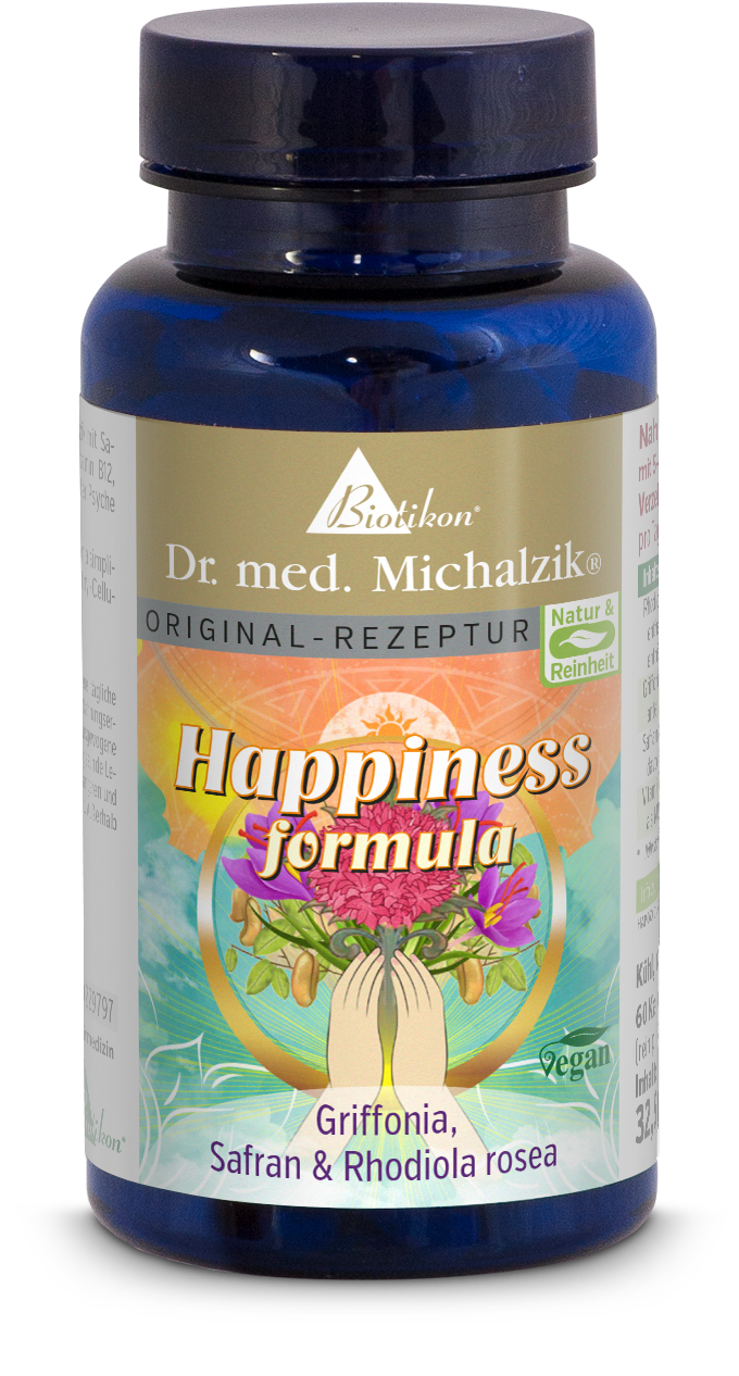 Formula Felicità – Capsule con Griffonia Capsule Formula Felicità di Biotikon, 60 pezzi, bottiglia blu con etichetta colorata, vegano.