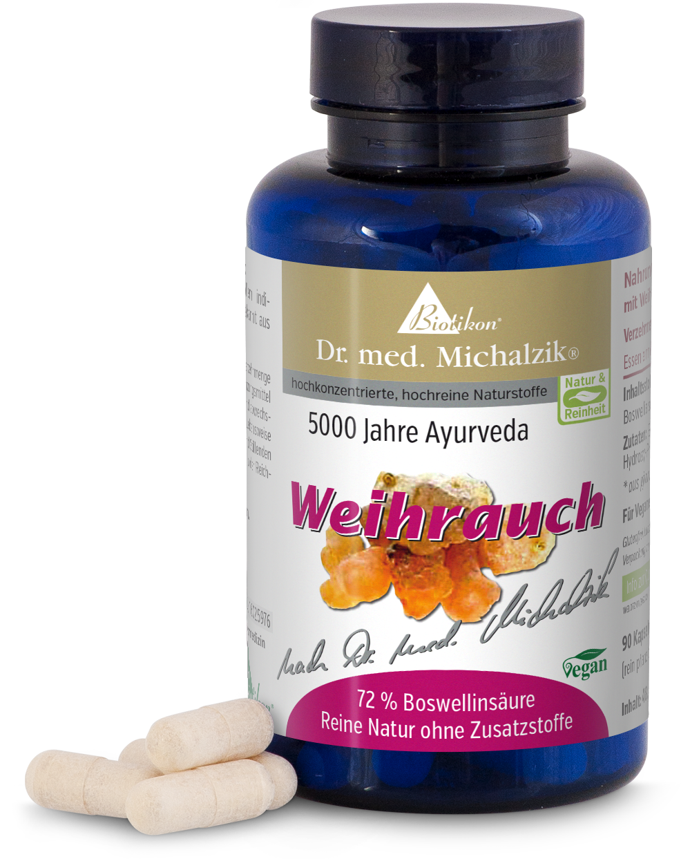 Incenso 500 mg – Capsule Capsule di incenso in bottiglia blu, 90 pezzi, vegano, con capsula bianca e acido boswellico.