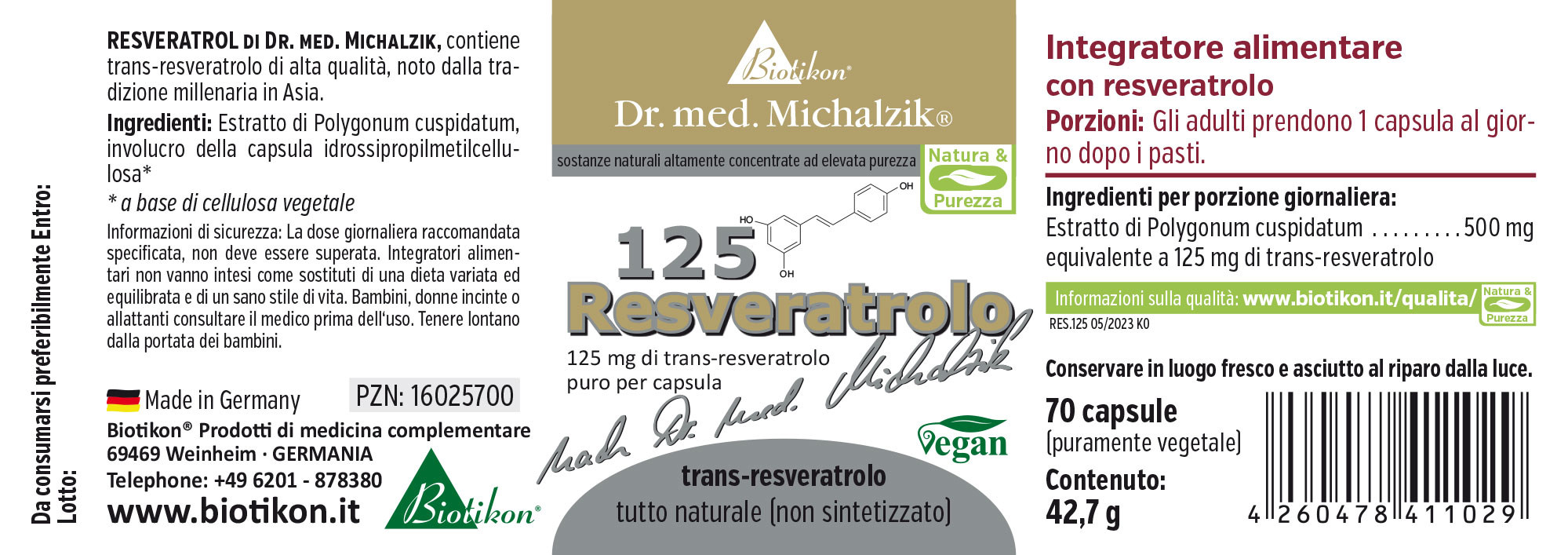 Resveratrolo 125 mg – Capsule 70 capsule con 125 mg di trans-resveratrolo, confezione trasparente, colori verde e bianco, vista dell'etichetta del prodotto.