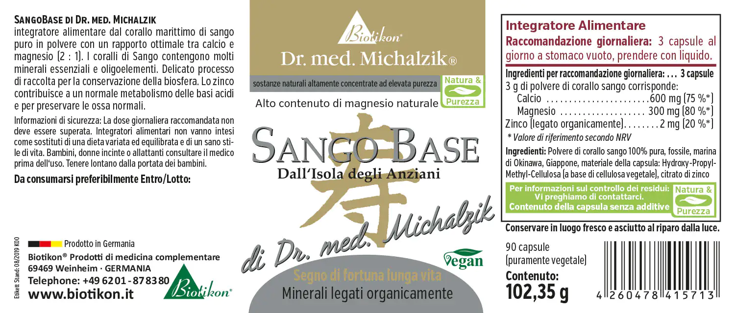 Sango Base 90 Capsule - Polvere di Corallo Capsule Sango Base, 90 pezzi, contengono 3 g di polvere di corallo per dose giornaliera, in confezione facile da utilizzare.