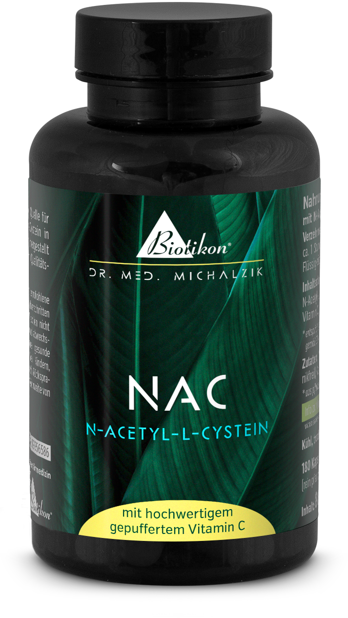 Bottiglia nera contenente N-Acetil L-Cisteina, 180 capsule, alta qualità, senza additivi, vista frontale.