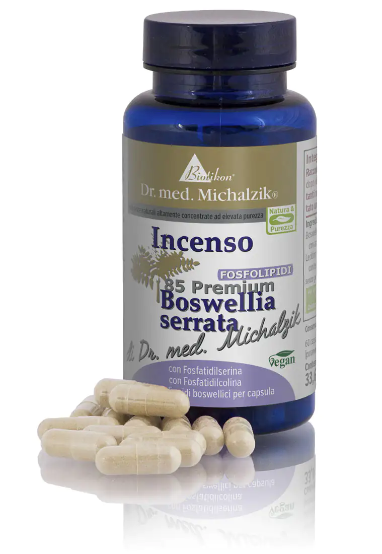 Capsule di Boswellia Serrata BS85 Fosfolipidi Capsule vegane con Boswellia serrata in bottiglia blu, 60 capsule.