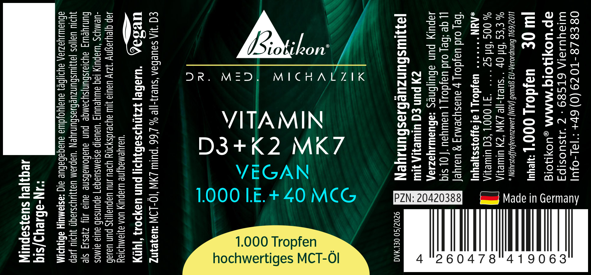 Bottiglia da 30 ml di vitamina D3 e K2 MK7 in forma di gocce, confezione verde, vegana.