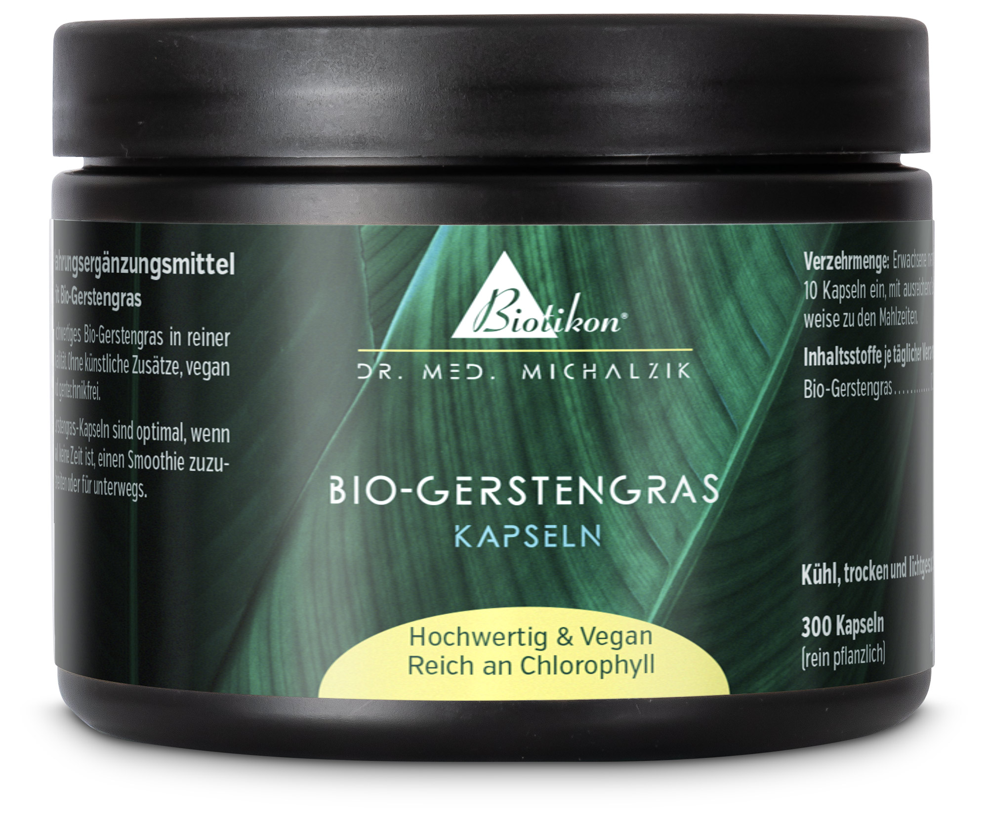 Capsule di Erba d'Orzo Biologica – 300 Pezzi Capsule di erba d'orzo biologica in contenitore nero, 300 capsule, vegane e di alta qualità.