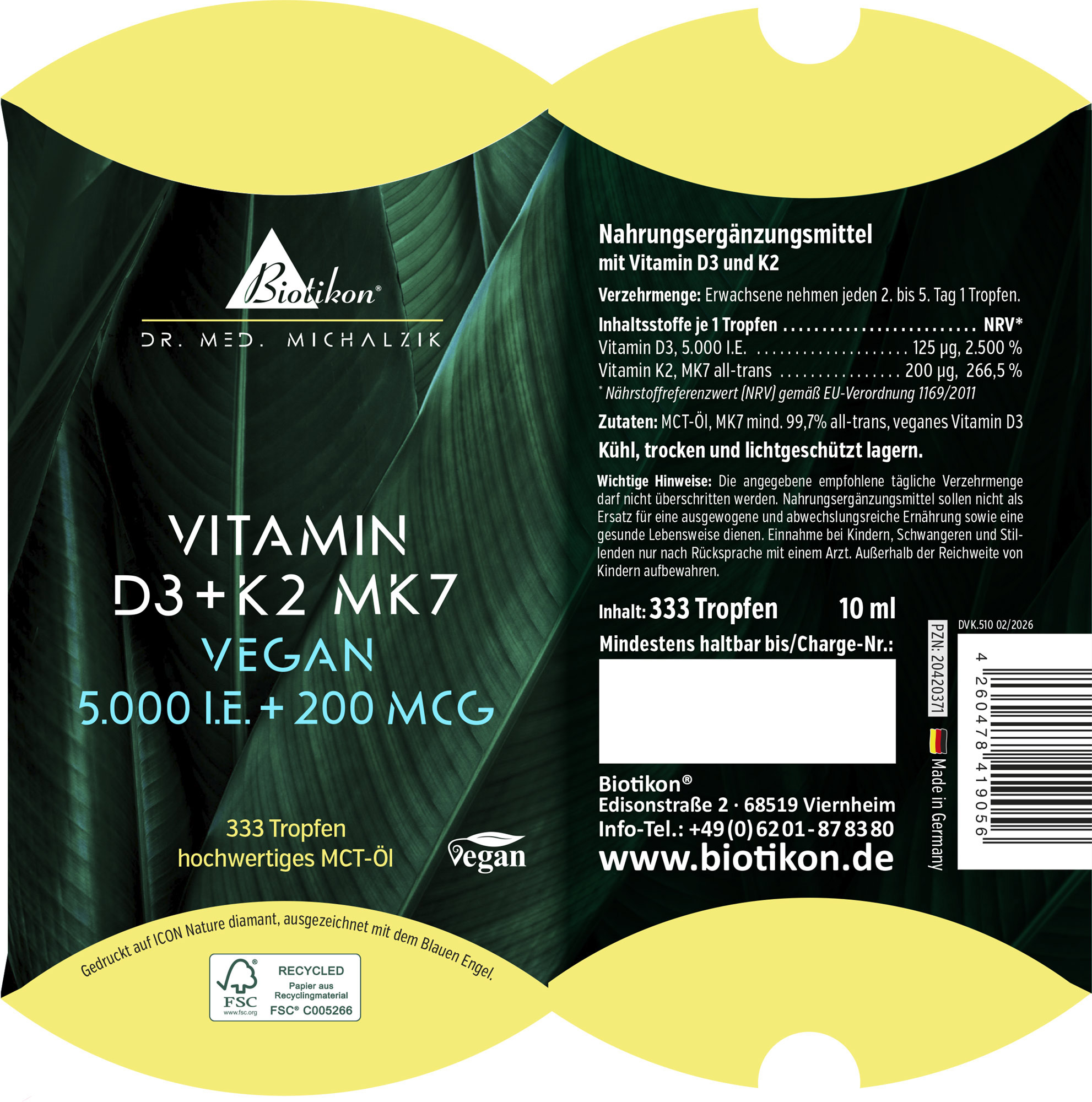 Integratore alimentare con vitamina D3 e K2 in forma liquida, 10 ml, confezione verde.