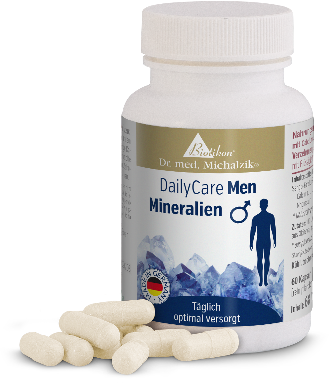 Capsule di Minerali – 60 pezzi Capsule di minerali DailyCare Men, 60 capsule in confezione bianca con accenti blu, accanto a capsule su sfondo bianco.