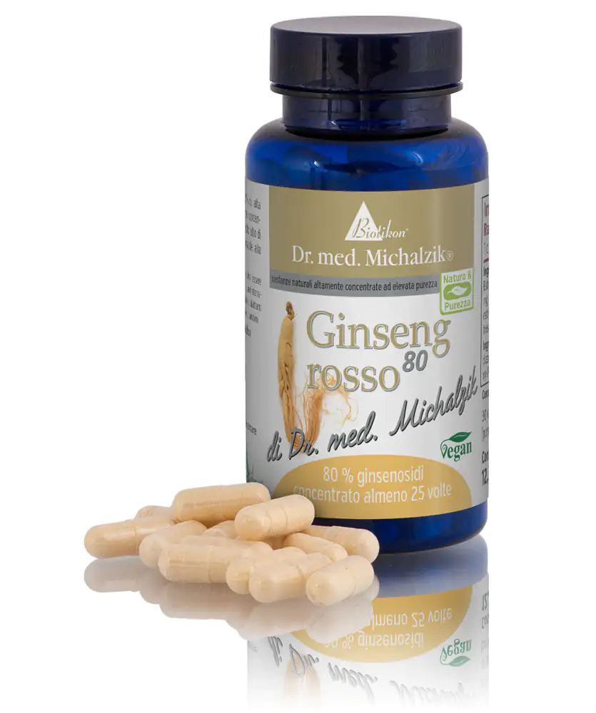Ginseng rosso 80 – Capsule Bottiglia con capsule di ginseng, 80% di ginsenosidi, capsule vegane, beige chiaro, su sfondo bianco.
