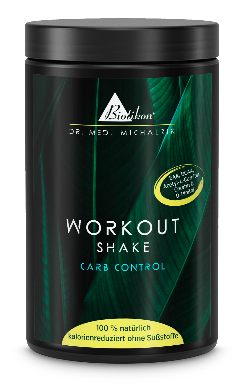 Shake Allenamento – Controllo Carboidrati Barattolo nero di Shake Allenamento Controllo Carboidrati, 100% naturale, calorie ridotte, senza dolcificanti, vista frontale