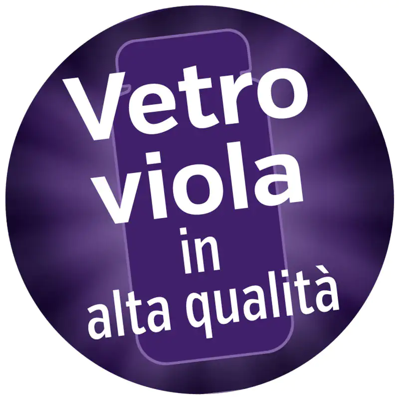 Grafica di Nota: Nel Vetro Viola Adesivo rotondo con sfondo viola e testo bianco, descrizione del vetro viola di alta qualità.