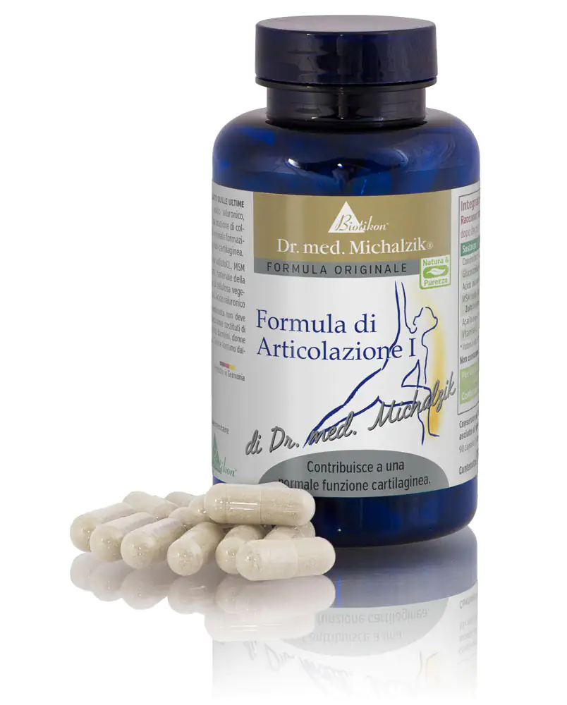 Formula Articolare I – Capsule Bottiglia di capsule Formula Articolare I, 90 pezzi, plastica blu, capsule visibili sul tavolo.
