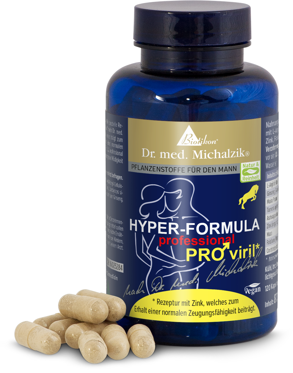 Hyper-Formula PRO Viril 120 Capsule Flacone blu con 120 capsule, ingredienti vegetali, vegano, capsule chiaramente visibili.