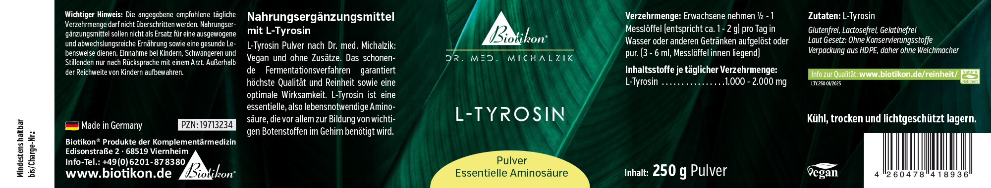 L-Tirosina 250 g – Polvere Integratore alimentare L-Tirosina, polvere da 250 g in un imballaggio robusto, design verde, vista frontale.