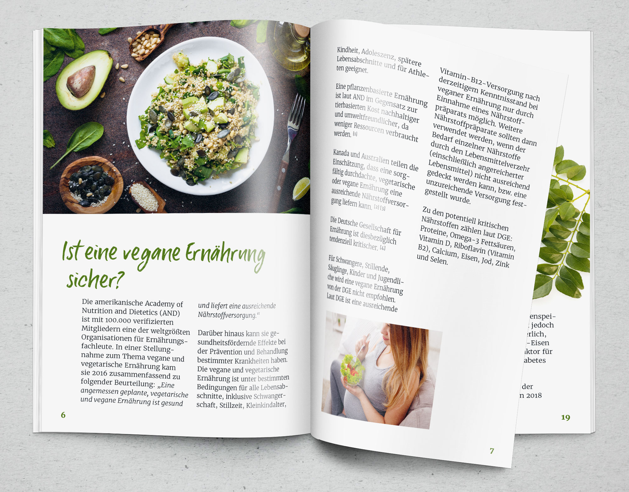 Dieta Vegana – Sicura e Sana? Pagina di rivista sulla dieta vegana con una ciotola di insalata colorata e testo. Sfondo in colori tenui.