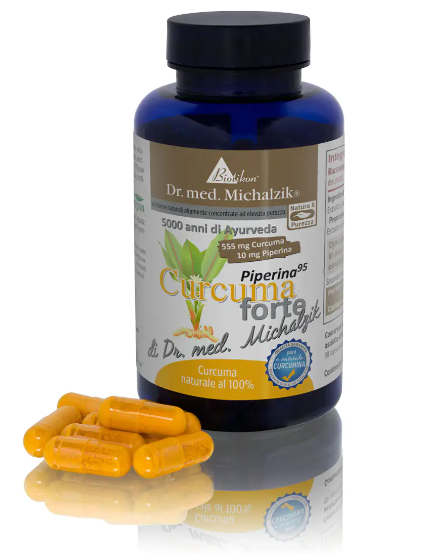 Curcuma Forte – Capsule da 555 mg Bottiglia di Curcuma Forte, 555 mg, 10 mg di piperina, capsule gialle, vista del prodotto