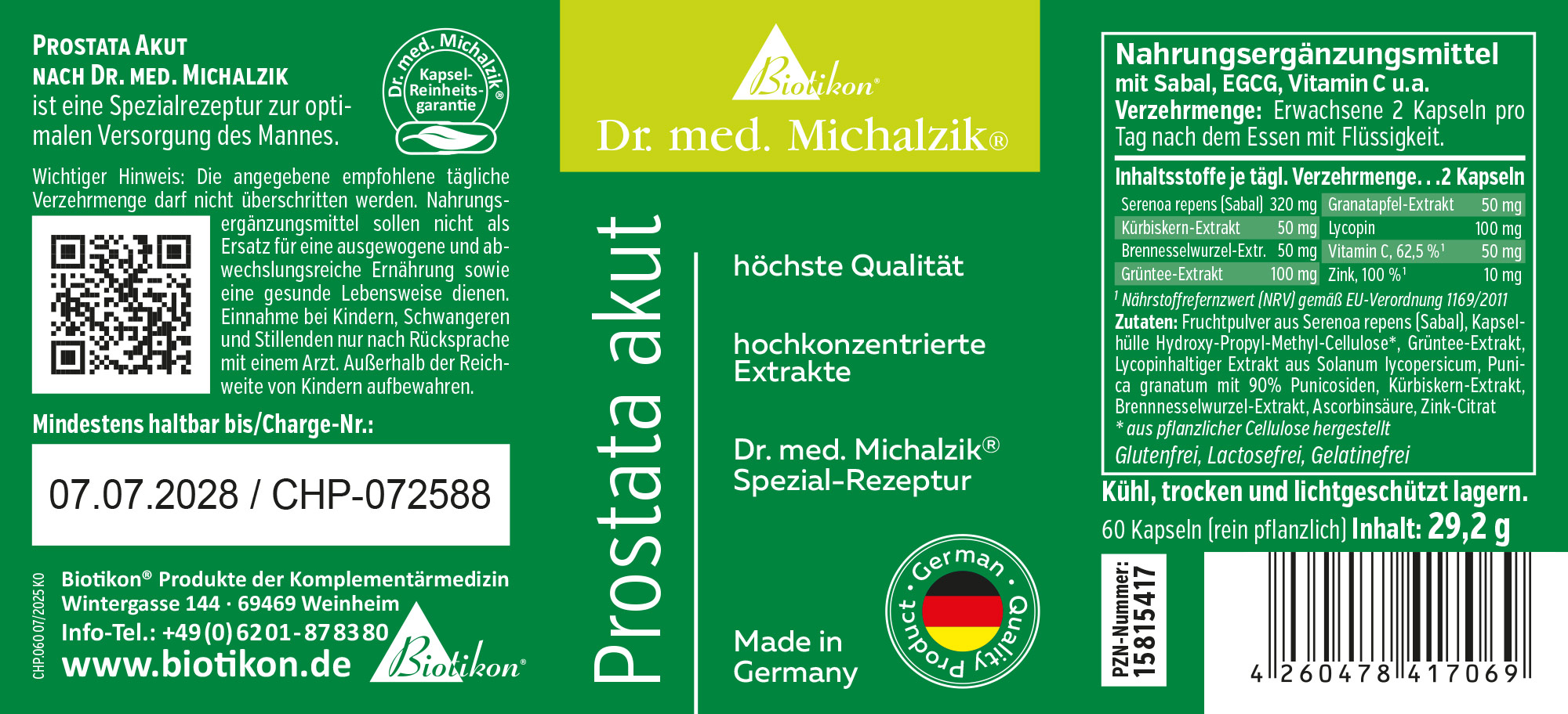 Etichetta Supplemento Prostatite Acuta Confezione verde, 60 capsule, contiene vari estratti, prodotto in Germania.