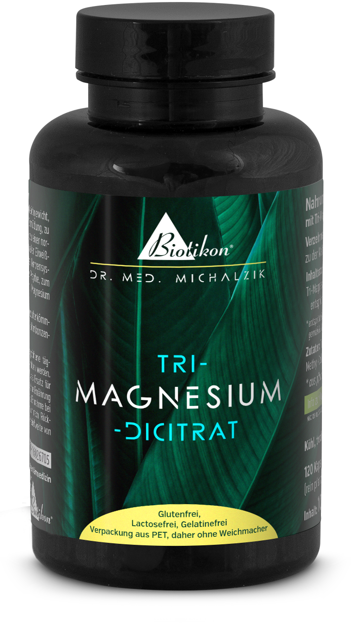 Tri-Magnesio Dicitrat 120 Capsule Flacone di Tri-Magnesio Dicitrat, 120 capsule, design nero con foglie verdi sullo sfondo.