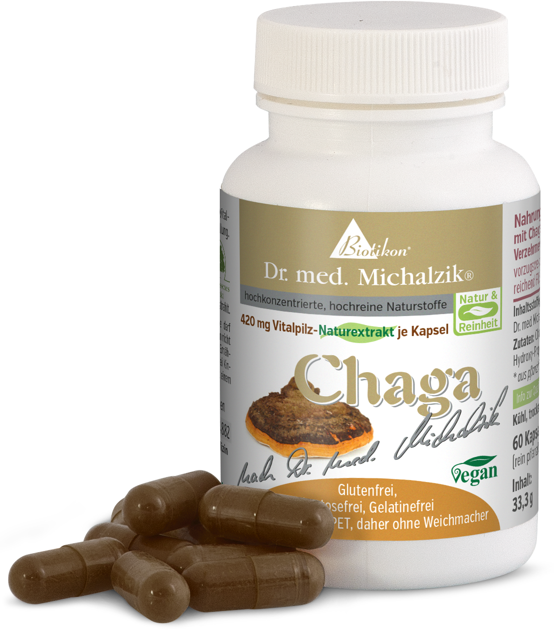 Chaga 420 mg – Capsule Capsule di estratto di fungo Chaga, 60 pezzi, capsule marroni in primo piano, bottiglia sullo sfondo.