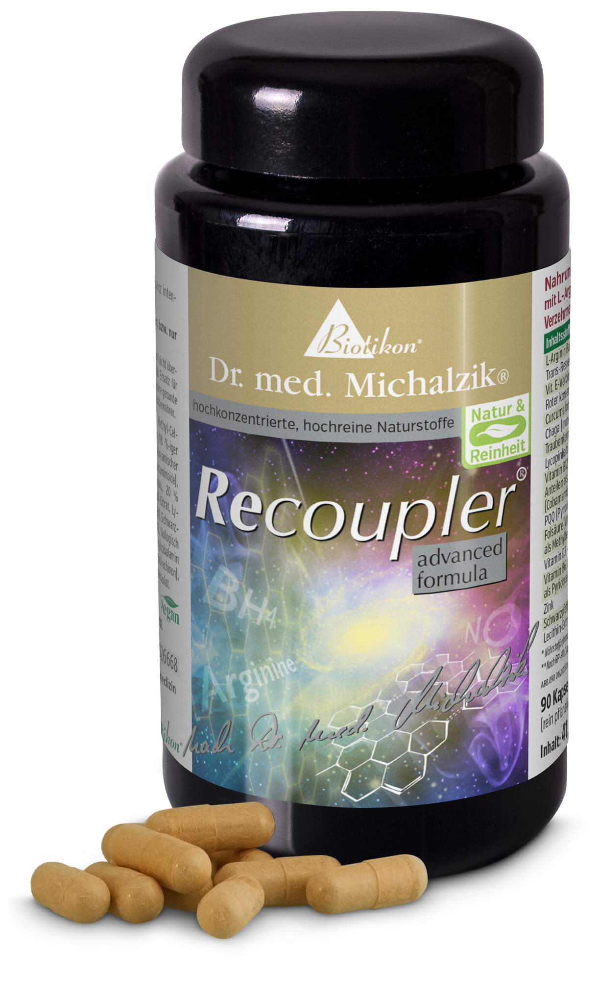 Recoupler – 90 Capsule Integratore in bottiglia scura, 90 capsule, beige, vista laterale.