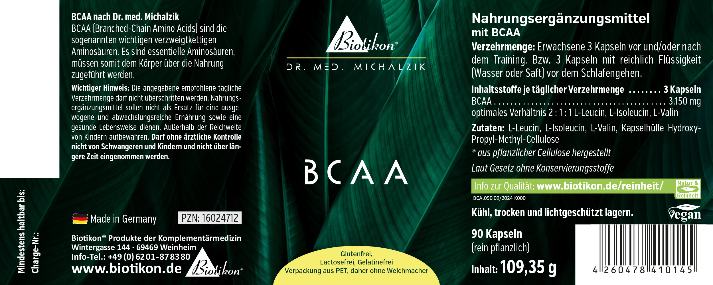 Etichetta BCAA Integratore Imballaggio dell'integratore BCAA con 90 capsule, colore verde, vista frontale.