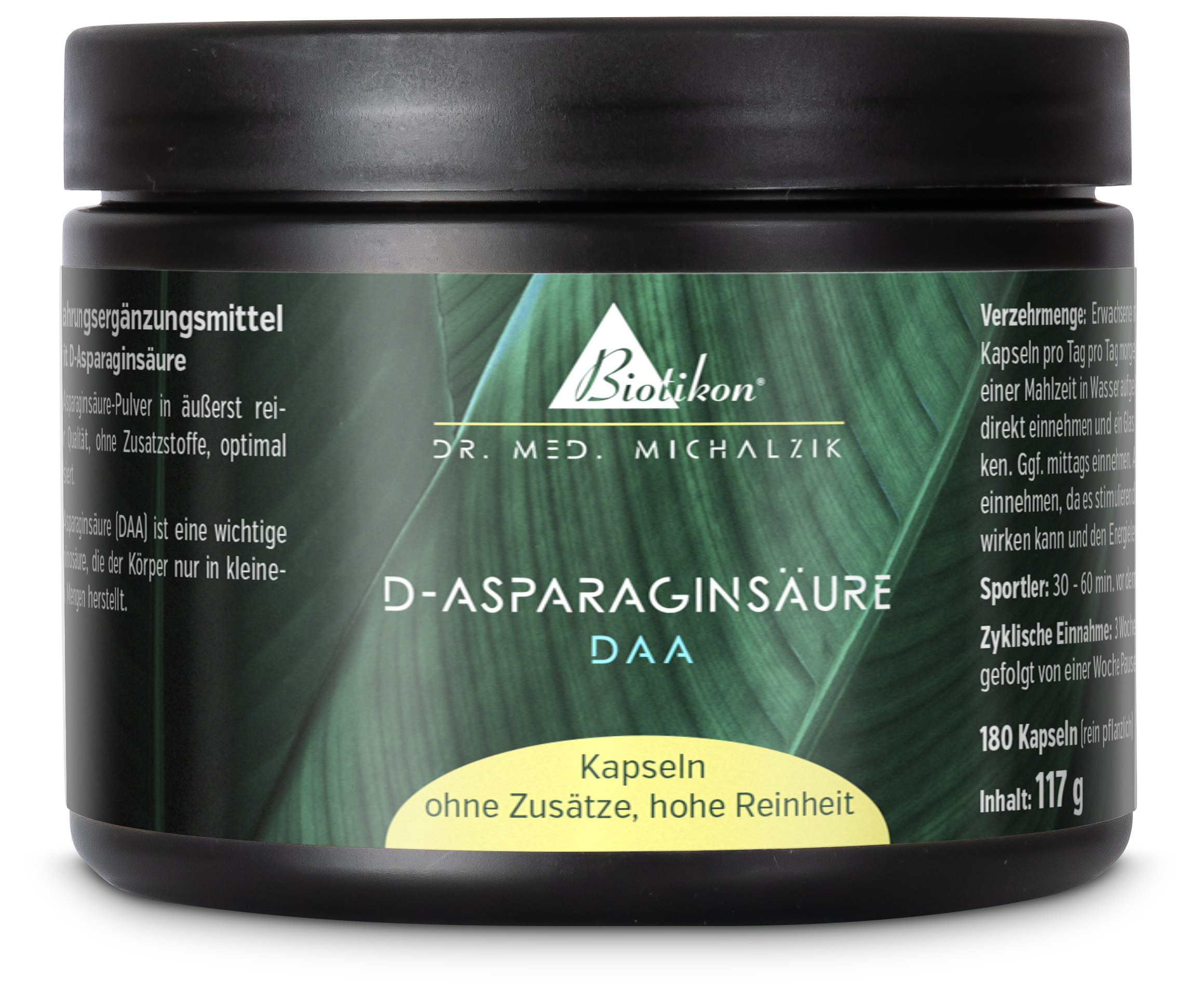 Acido D-Aspartico 180 Capsule - Integratore Alimentare Capsule di acido D-aspartico, 180 pezzi, contenitore nero, alta purezza, vista laterale