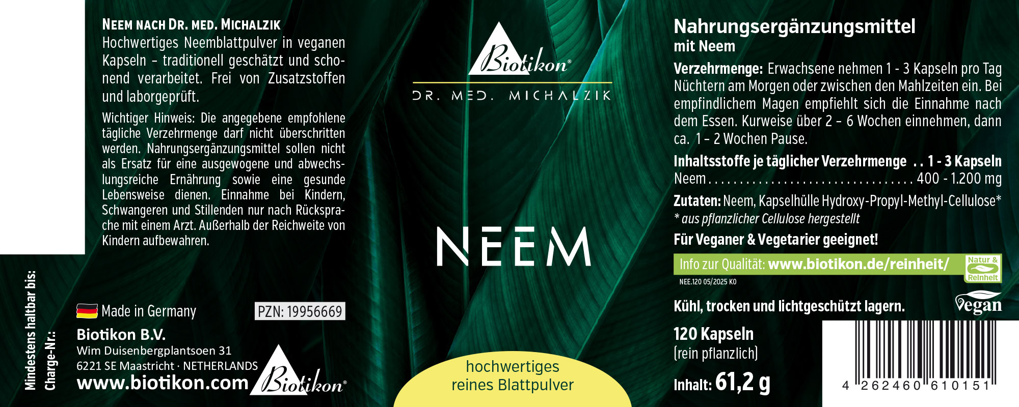 Polvere di Neem 120 Capsule – Solo Vegetale 120 capsule vegane riempite con polvere di foglie di neem di alta qualità, confezione in tonalità verdi, vista anteriore.