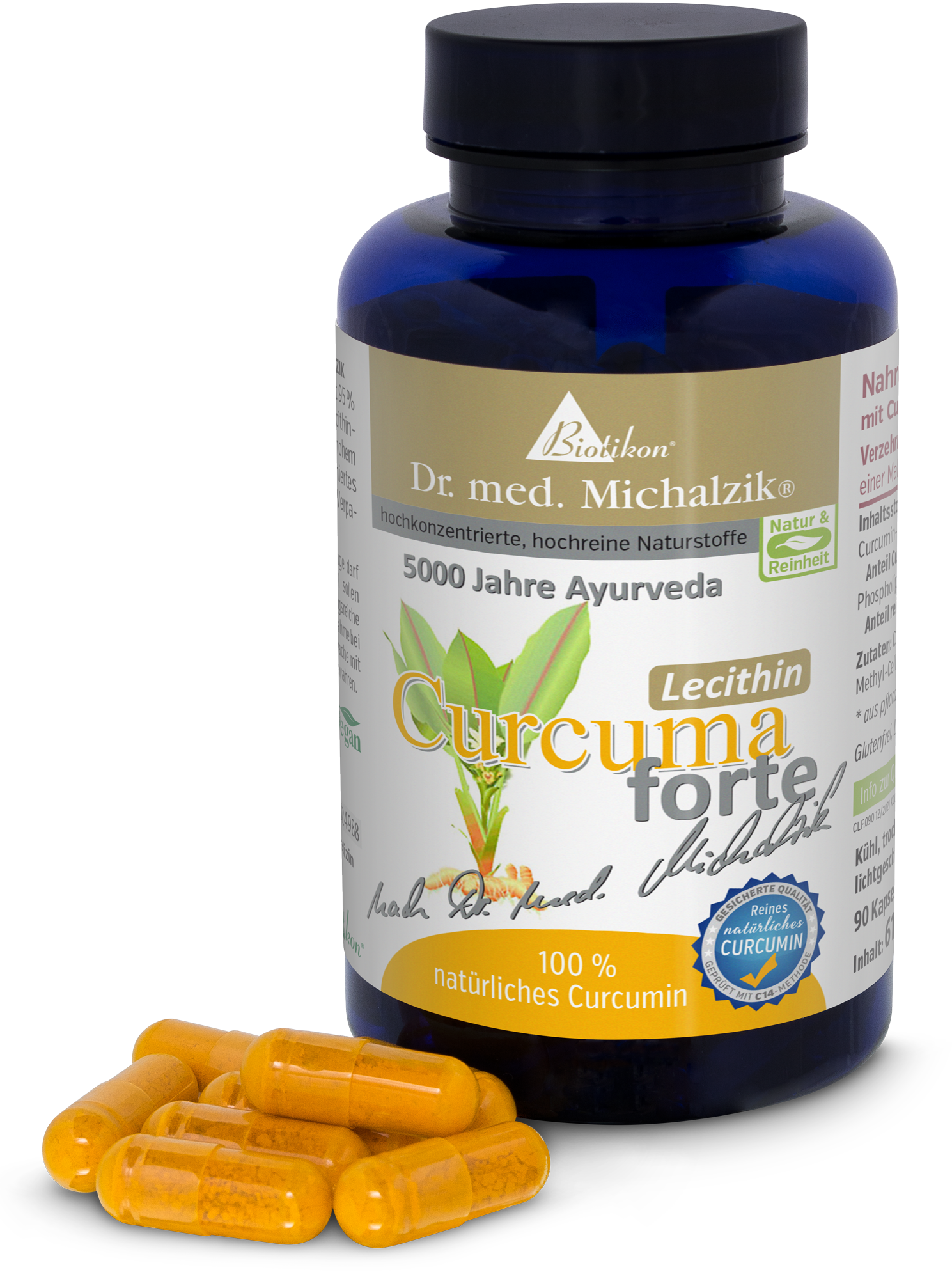 Curcuma Forte – 90 Capsule Capsule con curcumina naturale in bottiglia di vetro blu, 90 pezzi, capsule giallo-arancio, vista frontale.