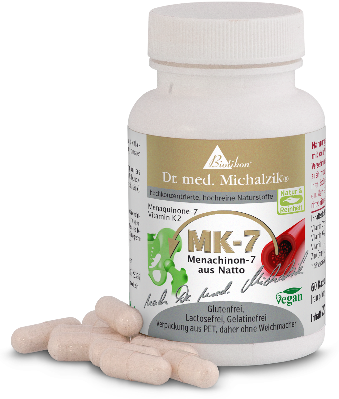 Vitamina K2 MK-7 – 60 Capsule Contenitore di vetro con capsule di vitamina K2 MK-7, colore bianco, 60 capsule visibili, vegane, senza glutine.