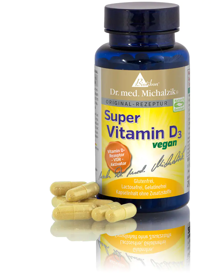 Super Vitamina D3 – 120 Capsule Bottiglia di capsule vegane, Super Vitamina D3, 120 pezzi, colore arancio-giallo, prospettiva frontale.