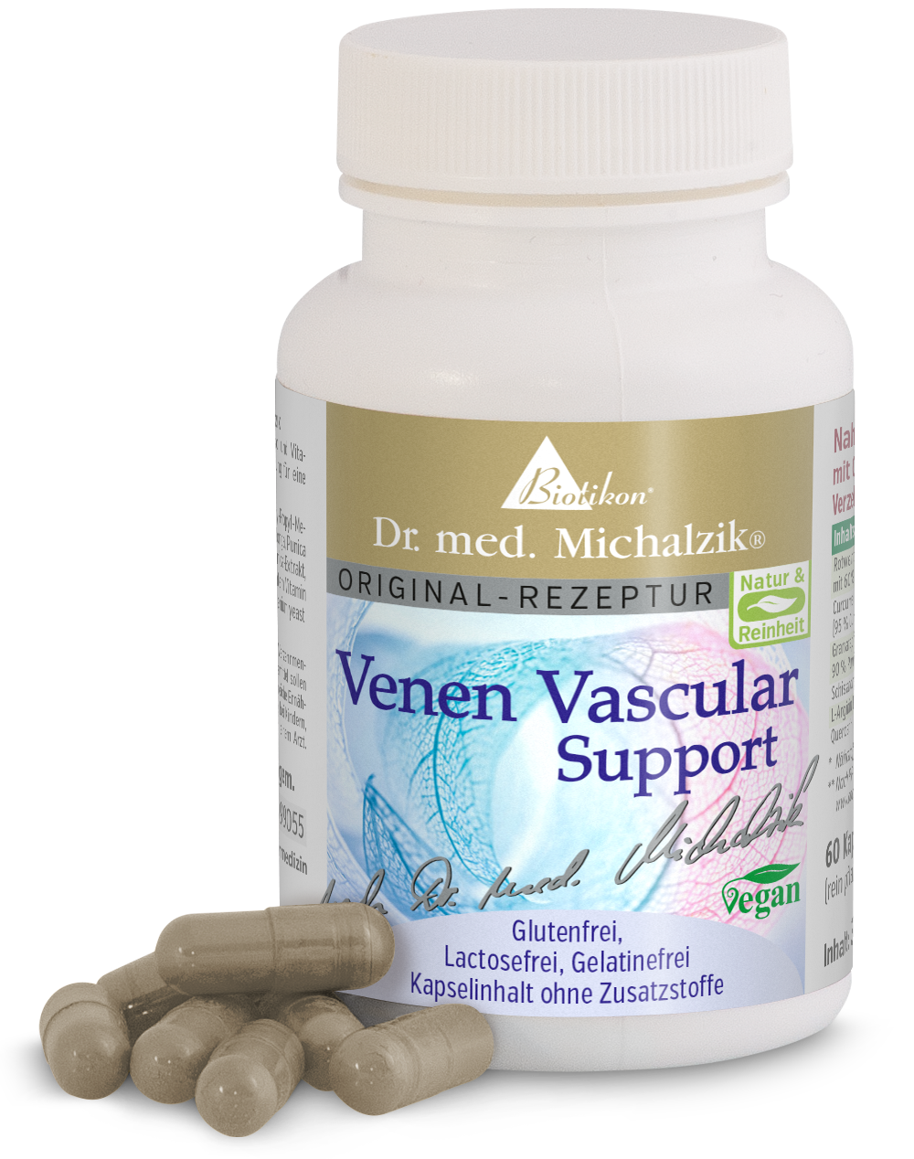 Supporto Vasarcolare Venoso - 60 Capsule Supporto vascolare venoso in una bottiglia bianca con 60 capsule, vegano, senza glutine, capsule beige.