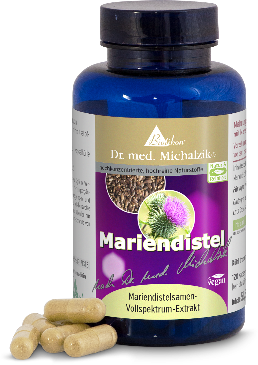 Cardo Mariano 120 Capsule – Estratto a Spettro Completo Bottiglia blu con estratto di semi di cardo mariano a spettro completo, 120 capsule vegane, capsule beige in primo piano.