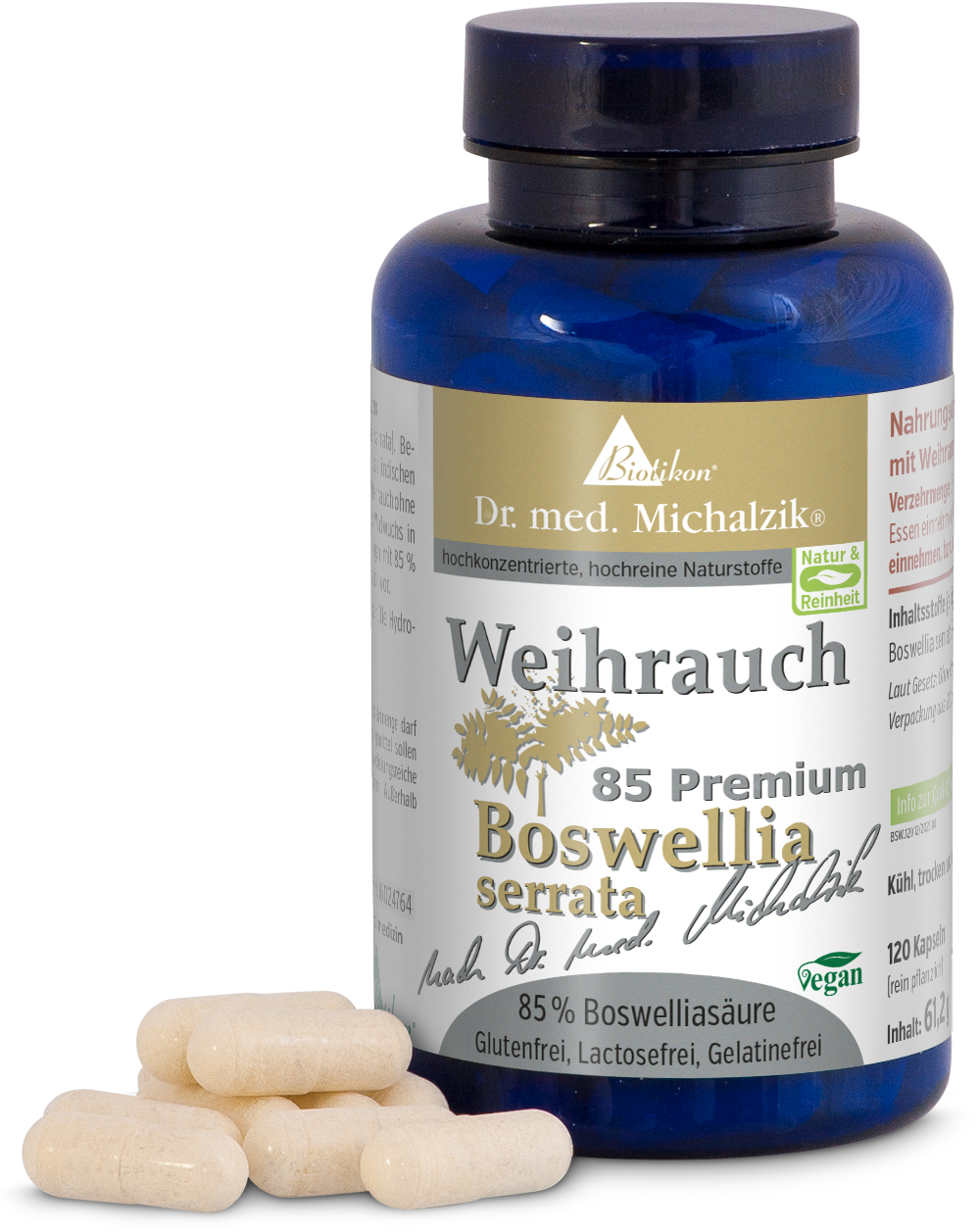 Incenso 85 Premium – Capsule Bottiglia con 120 capsule di incenso, Boswellia serrata, capsule vegane color crema, vista frontale