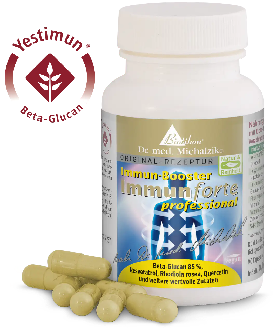 Integratore Immunitario 90 Capsule – Biotikon Immunforte Capsule integratore immunitario in una bottiglia bianca, 90 pezzi, tonalità beige, capsule su un tavolo.