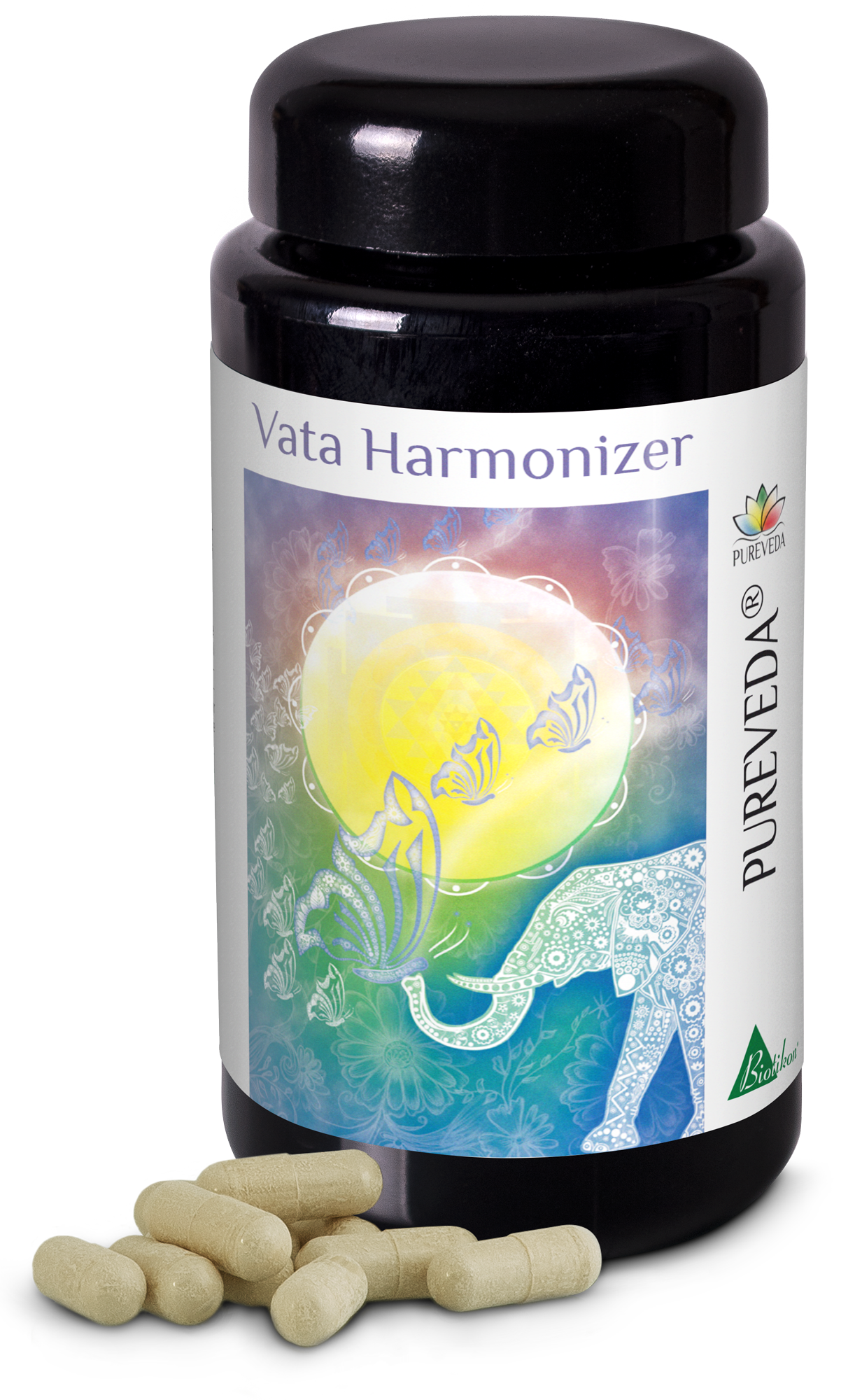 Harmonizzatore Vata – Capsule Bottiglia nera con capsule Harmonizzatore Vata, 60 capsule in totale, capsule beige sul tavolo.