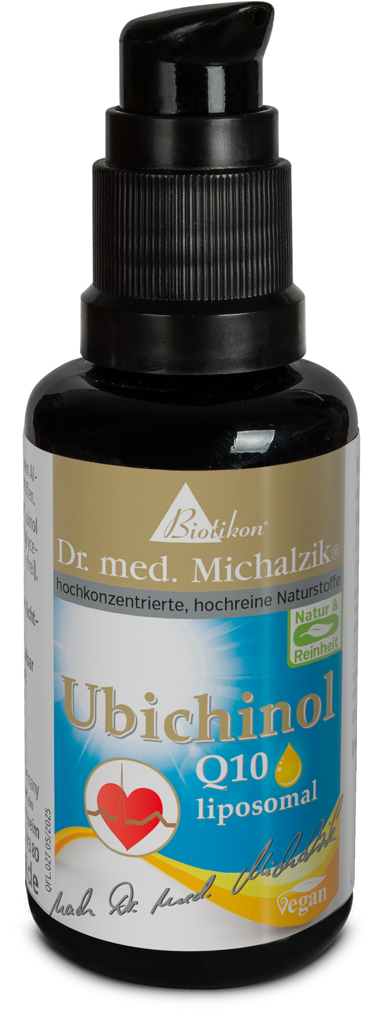 Ubiquinolo Q10 Liposomiale – 50 ml Ubiquinolo Q10 liposomiale in pompa nera, 50 ml, vegano.