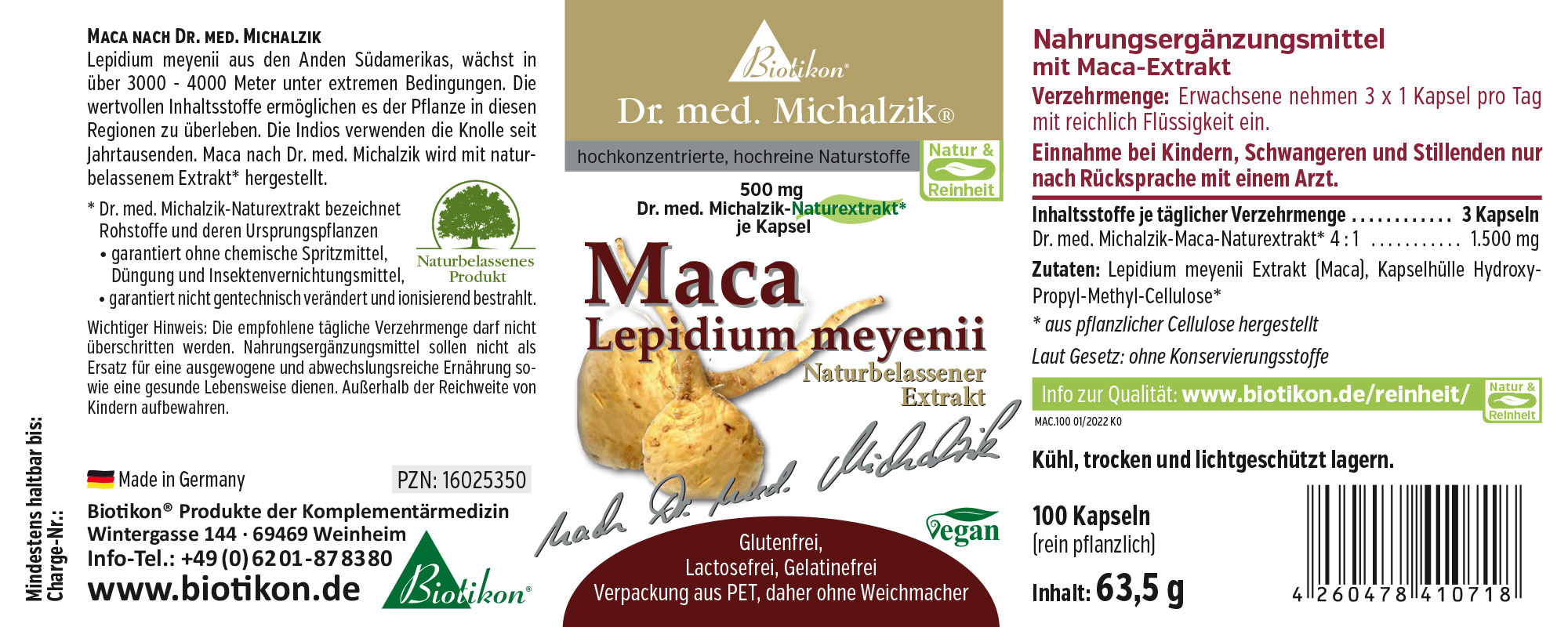 Estratto di Maca 500 mg – Capsule Integratore alimentare di Maca in capsule, 100 pezzi, confezione naturale, contenuto giallo-bruno, mostrato in prospettiva.