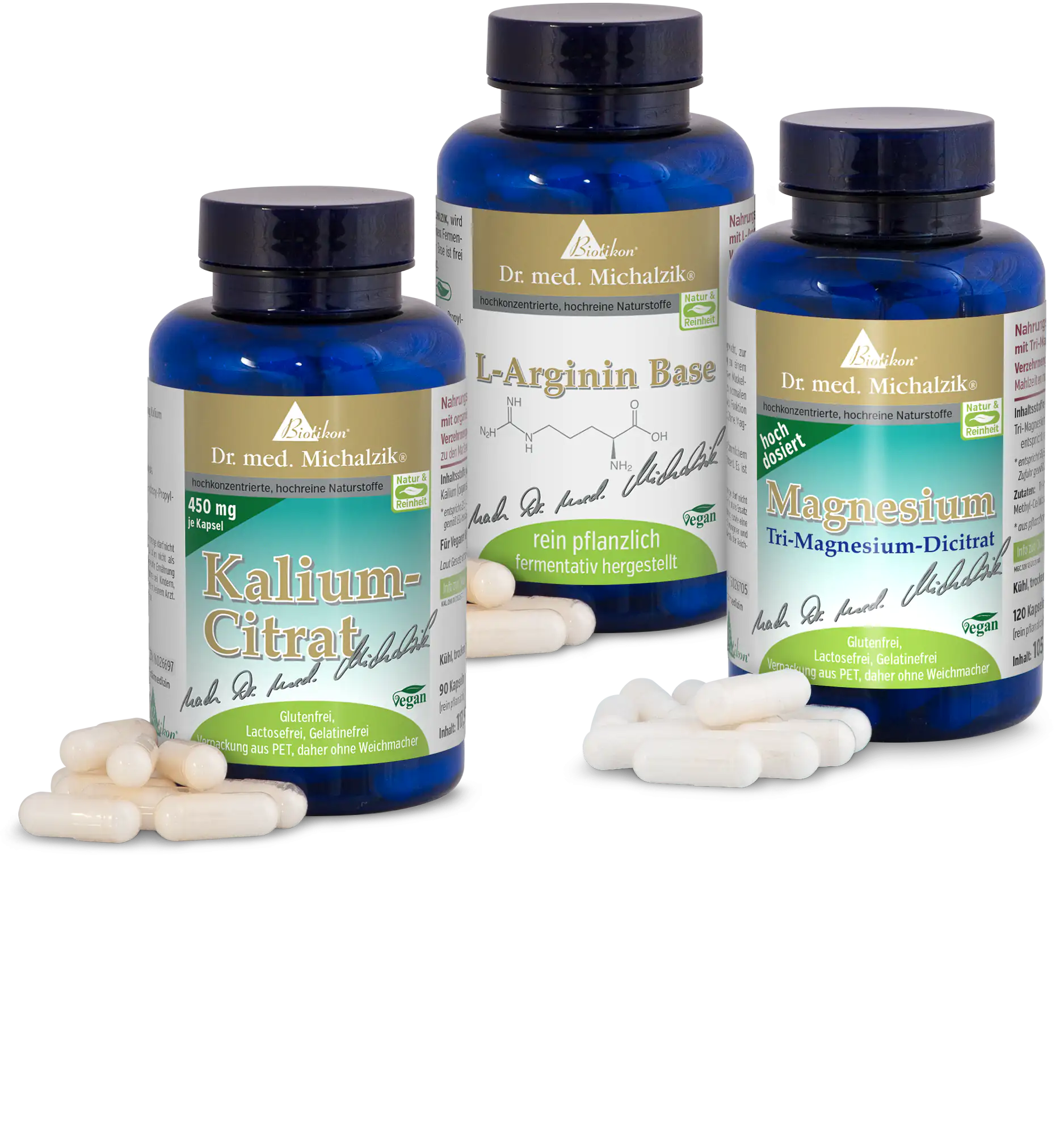 Citrato di Potassio 450 mg – Capsule Tre bottiglie di integratori alimentari: Citrato di Potassio, Base di L-Arginina, Magnesio, con capsule e vista delle etichette.